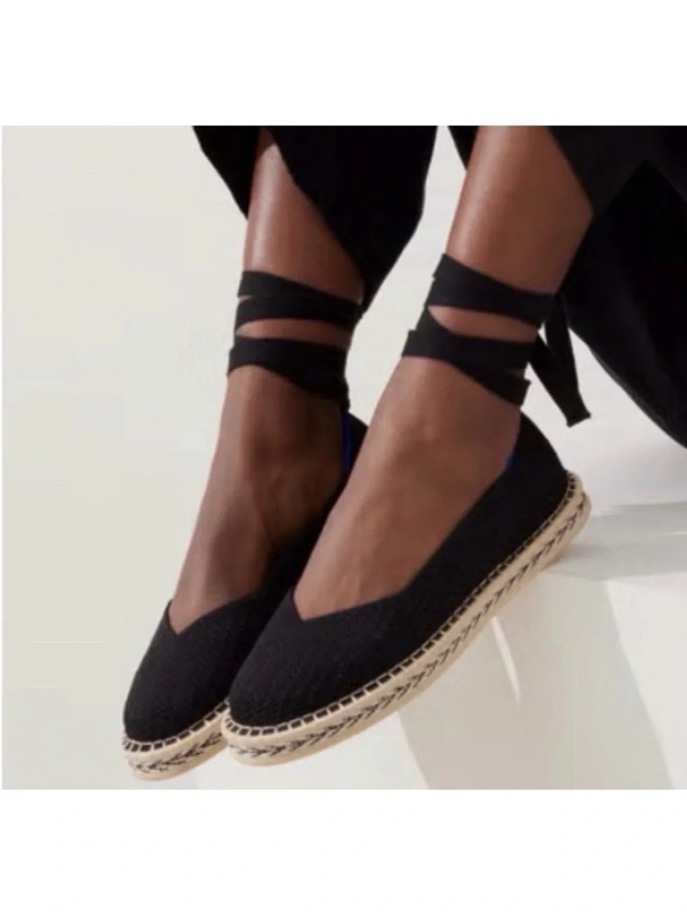 Rothy’s Boardwalk Black Ankle-Tie Espadrille Flats - Women size 9.5